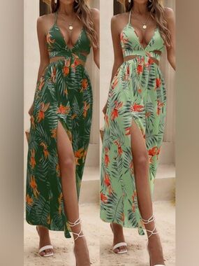 2 for 1 Deal! Tropical Print Backless Maxi Dresses (Dark Green & Mint Green)